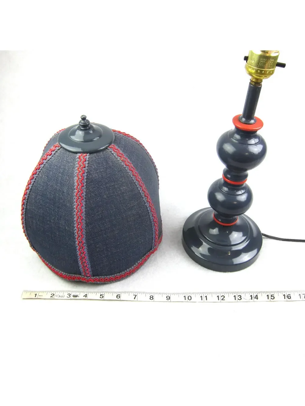 Vintage Country Table Lamp Blue & Red Denim Dome Clip On Shade Pillar WORKS
